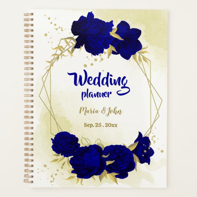 Agenda casamento de ouro floral azul real (Frente)