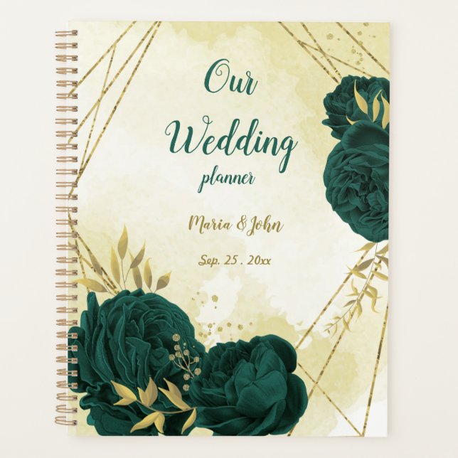 Agenda casamento de ouro floral verde esmeraldo (Frente)