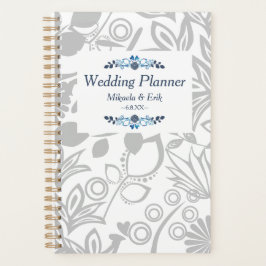 Agenda Casamento de Padrão Floral de Cinza Azul