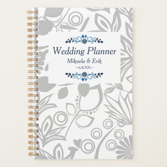 Agenda Casamento de Padrão Floral de Cinza Azul (Frente)