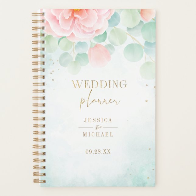 Agenda Casamento de Peony Greenery Eucalyptus Monograma (Frente)