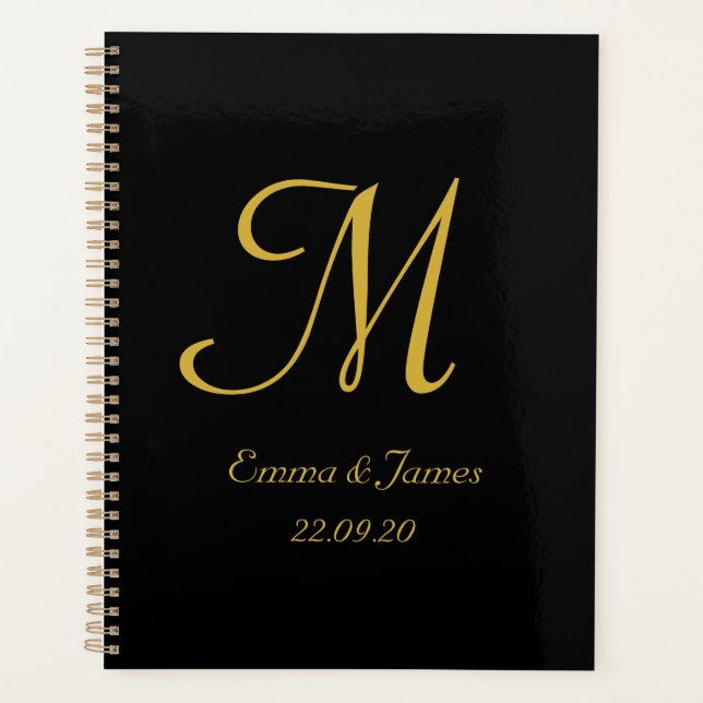 Agenda Casamento de Script de Monograma Dourado Negra Ele (Frente)