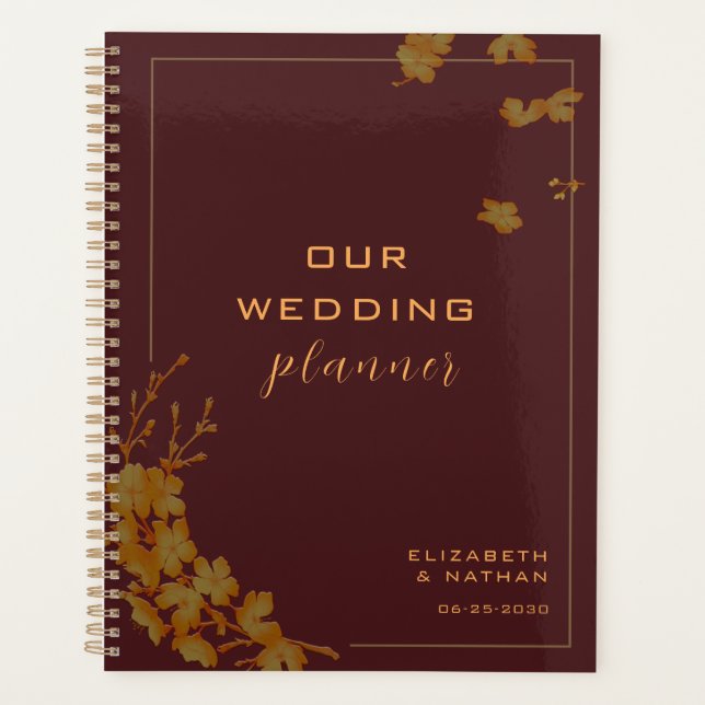 Agenda Casamento Dourado Floral de Borgonha Elegante (Frente)