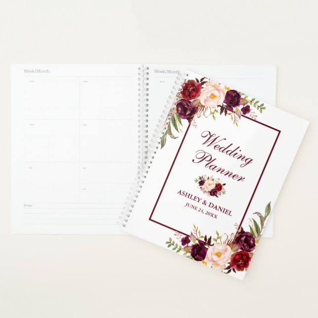 Agenda Casamento Dourado Floral de Burgundy Watercolor (Exibição)