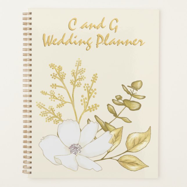 Agenda Casamento Dourado Floral Romântico Elegante Branco (Frente)