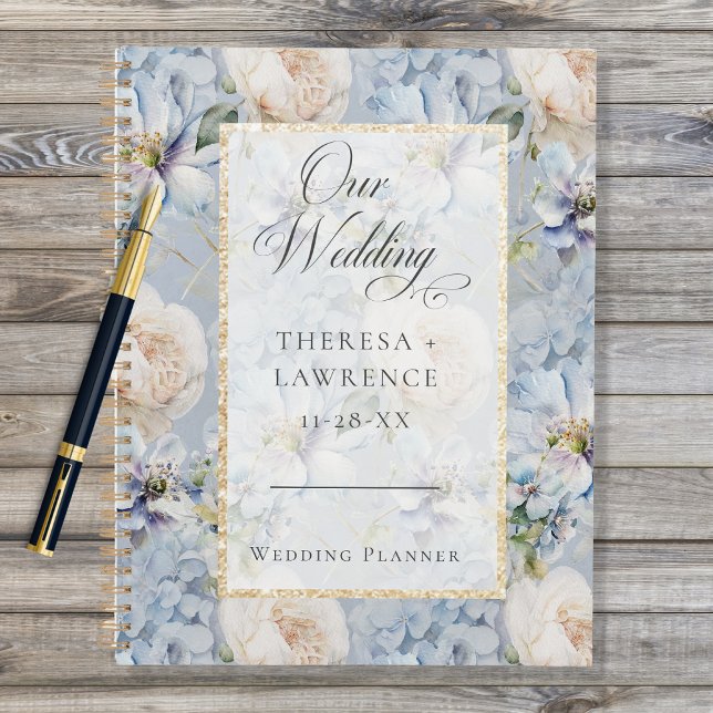Agenda Casamento Dourado Floral Russo Azul e Branco (Criador carregado)