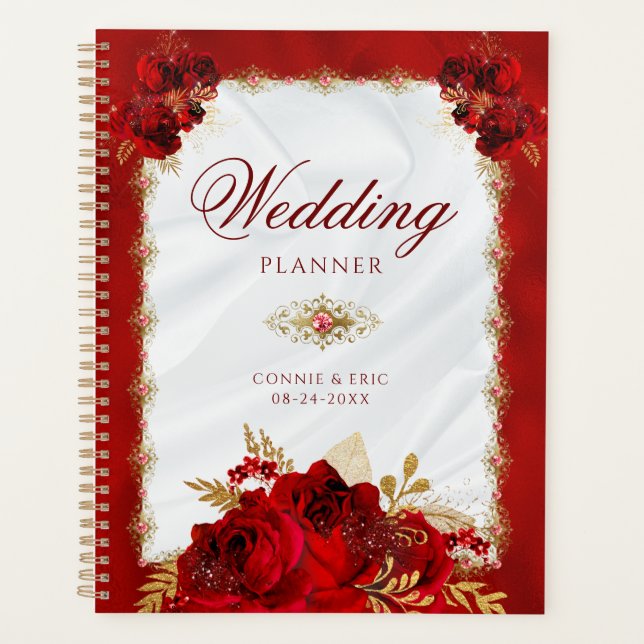 Agenda Casamento Dourado Floral Vermelho Elegante Luxury (Frente)
