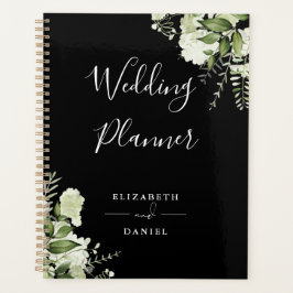 Agenda Casamento em preto e branco com flores verdes eleg