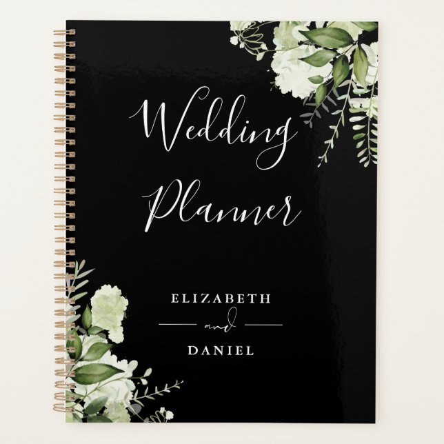 Agenda Casamento em preto e branco com flores verdes eleg (Frente)