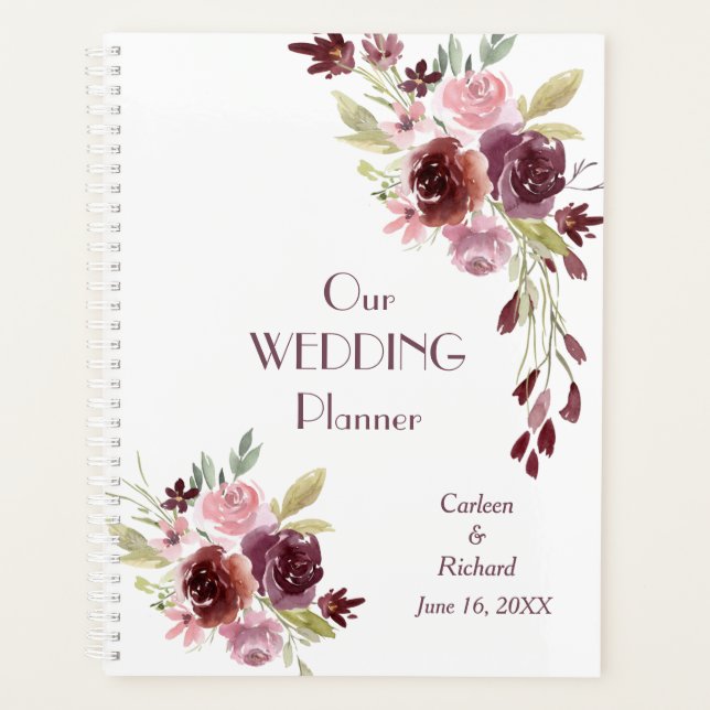 Agenda Casamento Floral Azul Marinho Vermelho Burgundy (Frente)