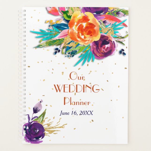 Agenda Casamento Floral Blue Tangerine (Frente)