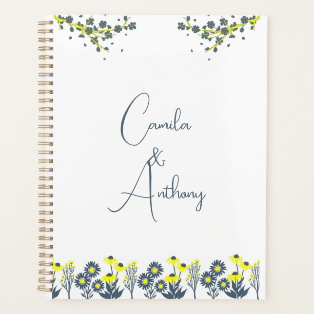 Agenda Casamento Floral de Flor Amarelo Azul (Frente)