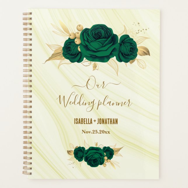 Agenda casamento floral de ouro verde esmeraldo (Frente)