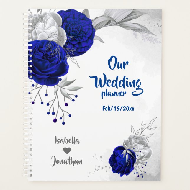 Agenda casamento floral de prata azul real (Frente)