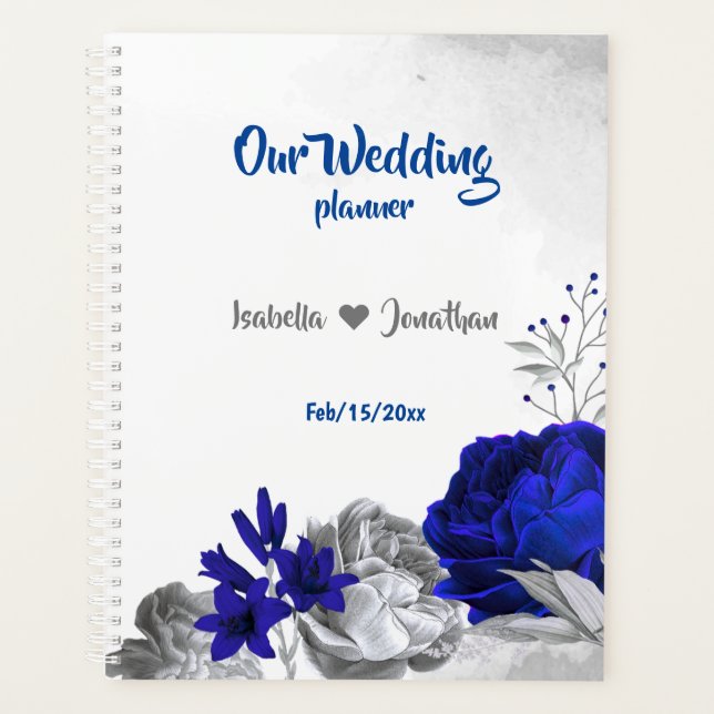 Agenda casamento floral de prata azul real (Frente)