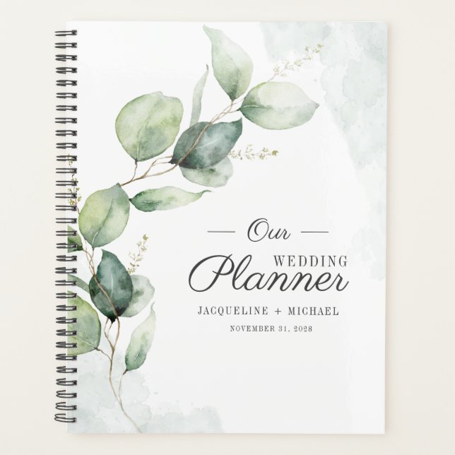 Agenda Casamento Floral de Script Eucalyptus Watercolor (Frente)