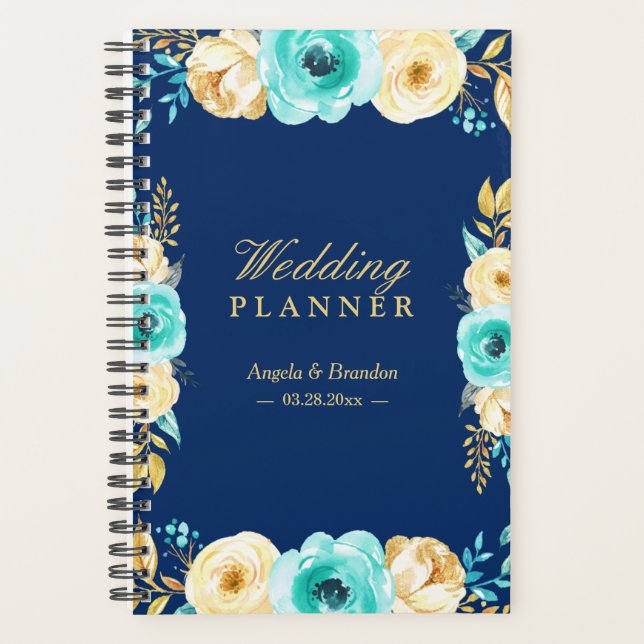 Agenda Casamento Floral Dourado de Teal Azul com Marinho  (Frente)