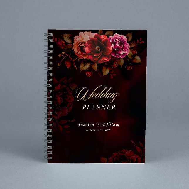 Agenda Casamento floral elegante vermelho preto e sombrio (Criador carregado)