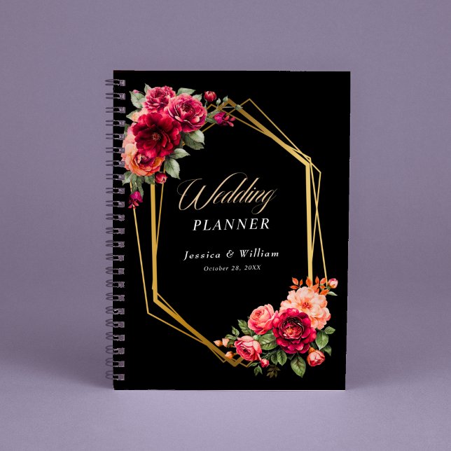 Agenda Casamento floral preto vermelho-chic (Criador carregado)