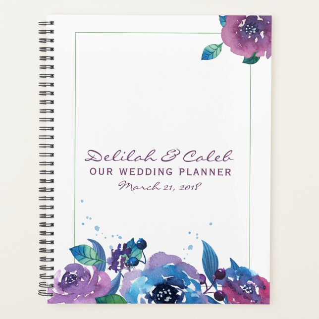 Agenda Casamento Floral Profundo de Azul Roxo-Sangrento (Frente)