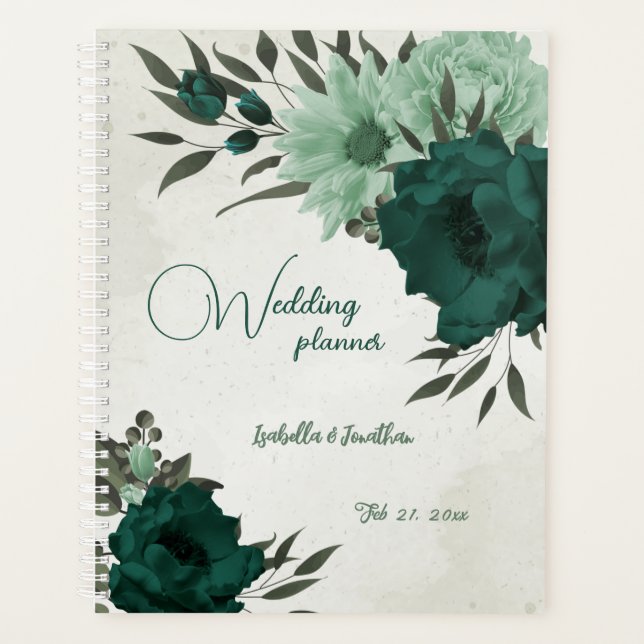 Agenda casamento floral romântico de esmeraldas e verde s (Frente)