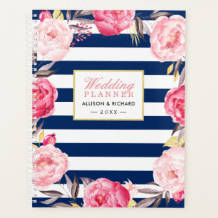 Agenda Casamento Floral Rosa Cor Azul-marinho Dourado