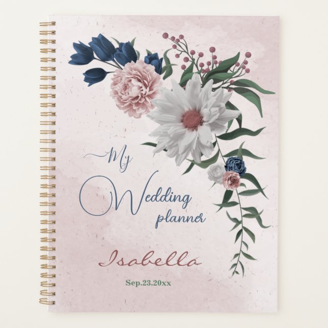 Agenda casamento floral verde floral rosa azul branco (Frente)