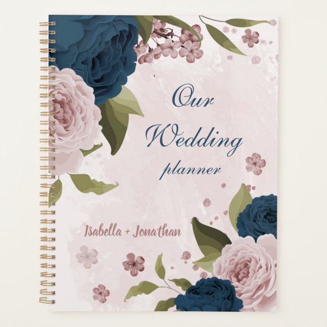 Agenda casamento flores azul marinho rosa (Frente)