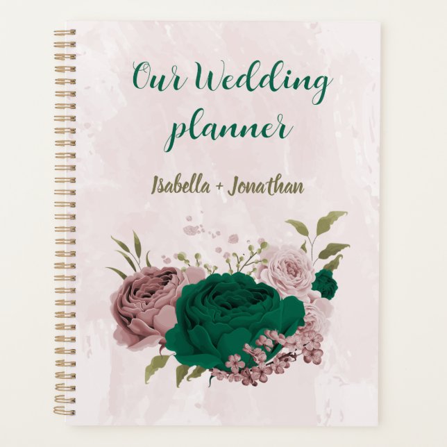 Agenda casamento flores rosa verde esmeralda (Frente)