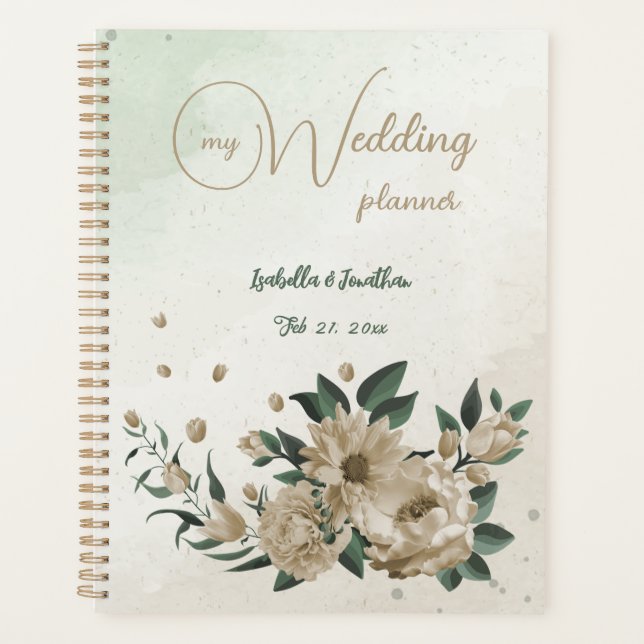 Agenda casamento flores verde romântico champanhe (Frente)