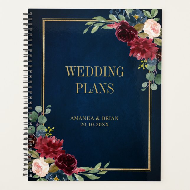 Agenda Casamento Geométrico Dourado Floral Blush Marinho  (Frente)