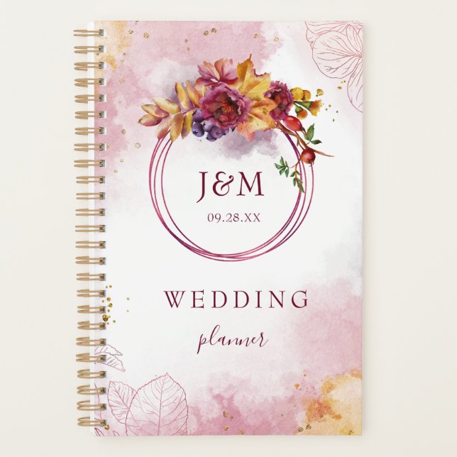 Agenda Casamento Geométrico Floral Fall Burgundy (Frente)