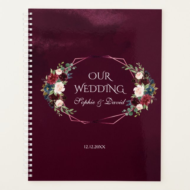 Agenda Casamento Geométrico Real Burgundy Floral (Frente)