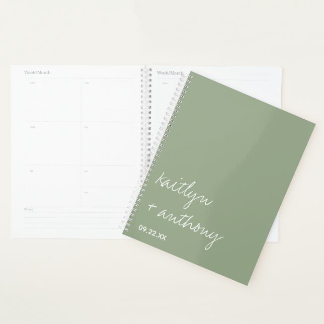 Agenda Casamento Minimalista Verde do Script Moderno (Exibição)
