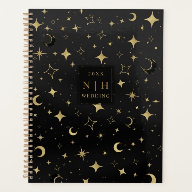 Agenda Casamento Moderno Celestial Lua Estrelas Preto & D (Frente)