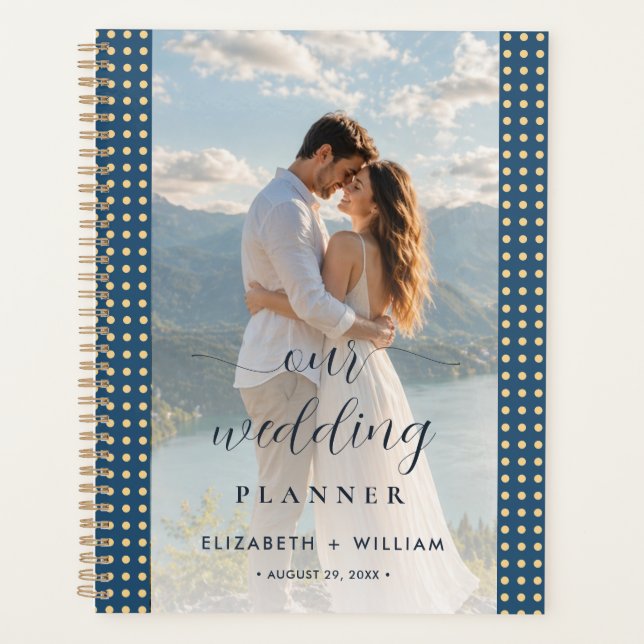 Agenda Casamento personalizado com bolinhas douradas e az (Frente)