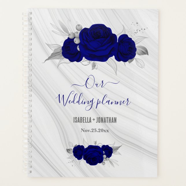 Agenda casamento real do mármore floral azul-prata (Frente)