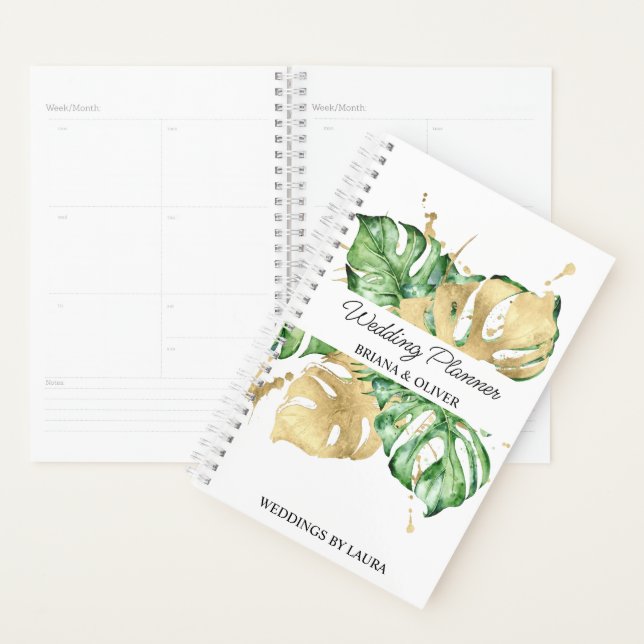 Agenda Casamento Tropical Dourado com Watercolor Greenery (Exibição)
