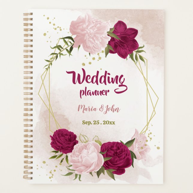 Agenda Casamento verde com flores magenta e rosa (Frente)