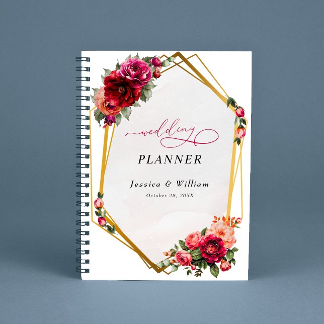 Agenda Casamento vermelho-quic, floral e dourado falso (Criador carregado)