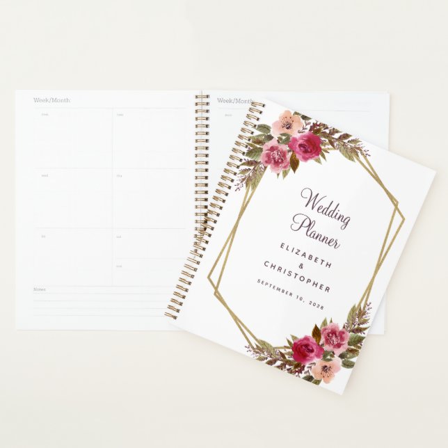 Agenda Cassis Noiva Floral Elegante Moldura Dourada Plane (Exibição)