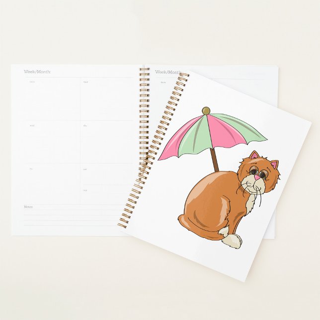 Agenda Cat de praia com guarda-chuva rosa e verde (Criador carregado)