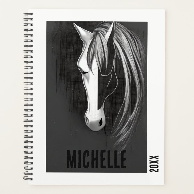 Agenda Cavalo Abstrato branco e preto personalizado (Frente)