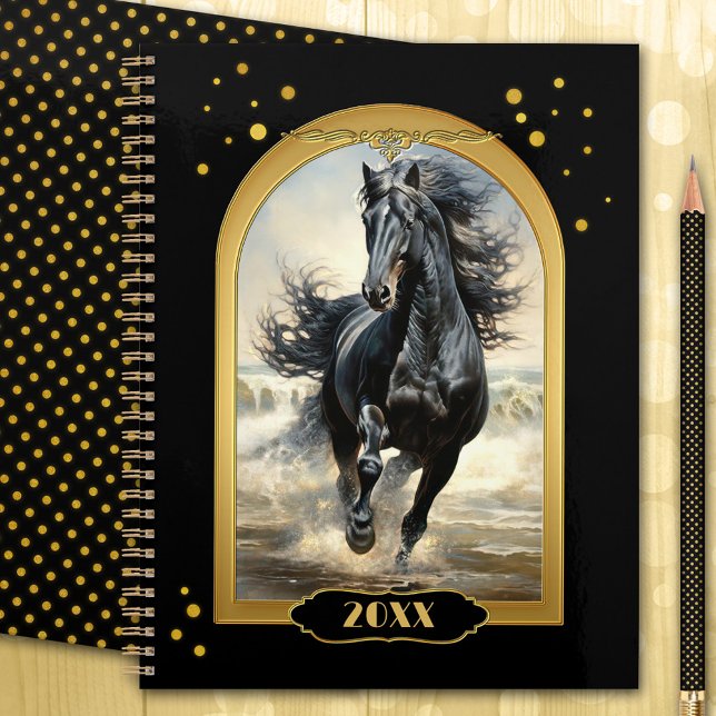 Agenda Cavalo de Praia Dourada Negro (Gold and black year planner with a stallion horse running freely on the beach with confetti sparkles)
