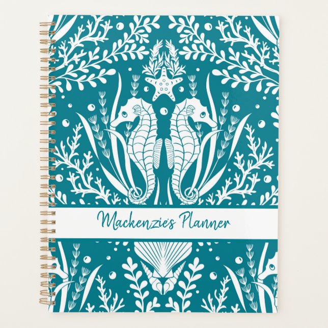 Agenda Cavalos-marinhos Personalizados Azul-Teal Azul, Da (Frente)