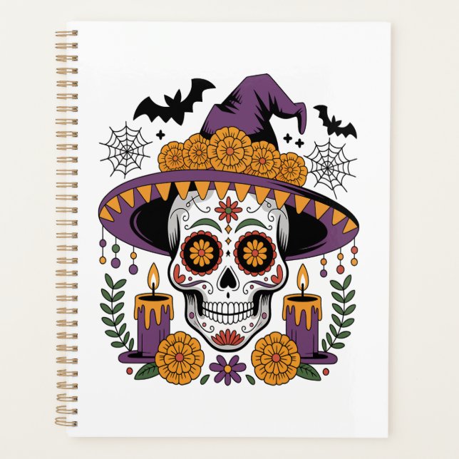 Agenda Caveira com Chapéu de Bruxa Vetor de Halloween (Frente)