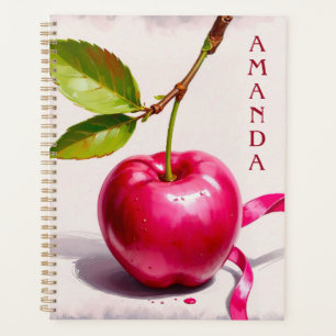 Agenda Cereja cor-de-rosa com folhas e fita