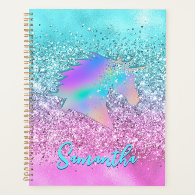 Agenda Chic Aqua Pink Unicorn Glitter monograma (Frente)