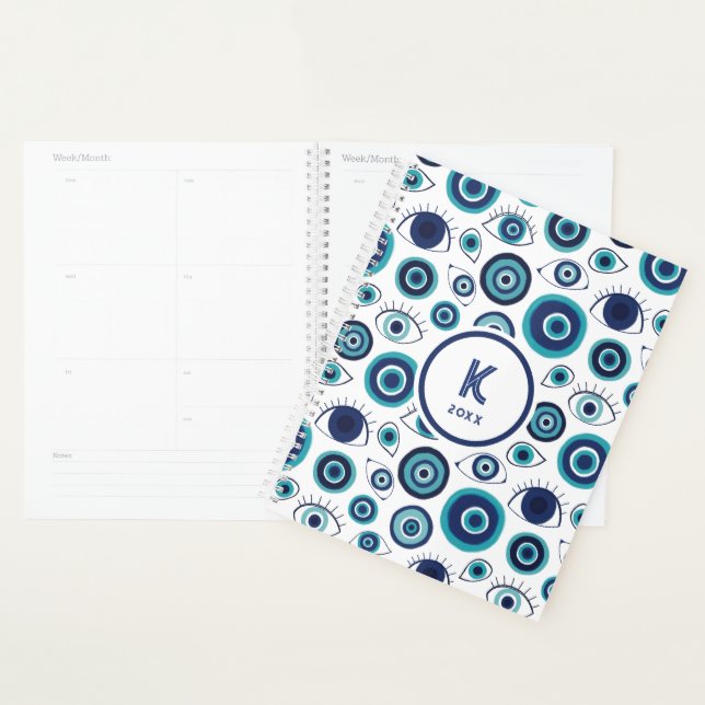 Agenda Chic Blue White Greek Evil Eye Monogram (Exibição)