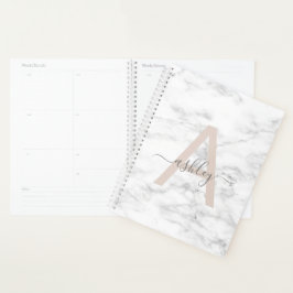 Agenda Chic Blush White Marble Script Name Monogramo